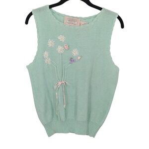 Cottagecore Knit Top Womens‎ Small Mint Green Floral Embroidery Susan Bristol